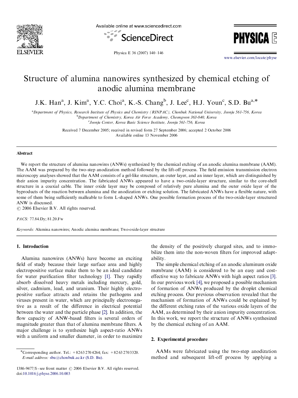 Structure of alumina nanowires synthesized by chemical etching of anodic alumina membrane