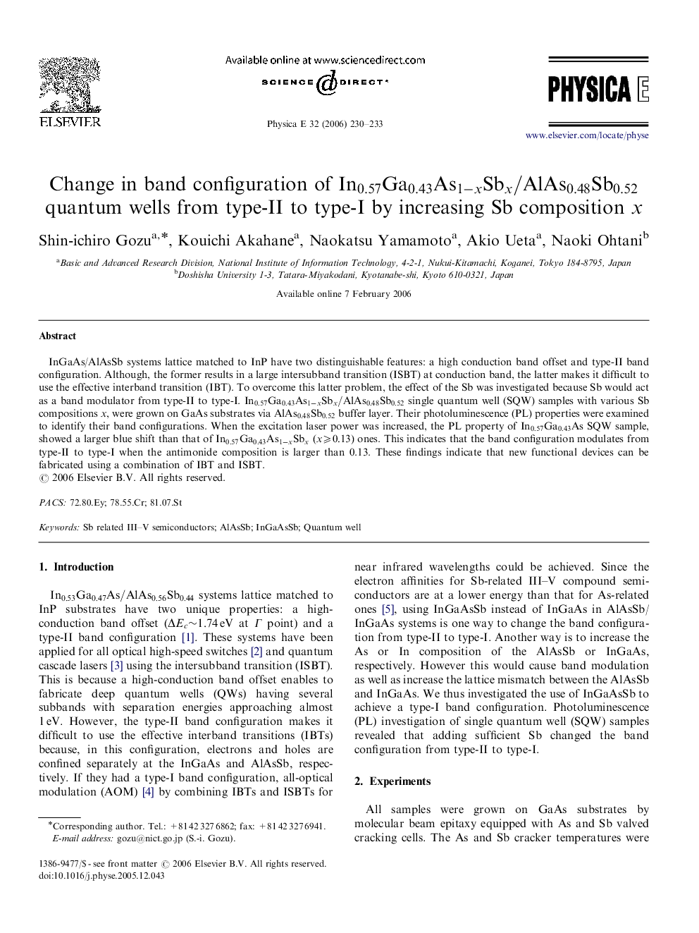 Change in band configuration of In0.57Ga0.43As1-xSbx/AlAs0.48Sb0.52In0.57Ga0.43As1-xSbx/AlAs0.48Sb0.52 quantum wells from type-II to type-I by increasing Sb composition x