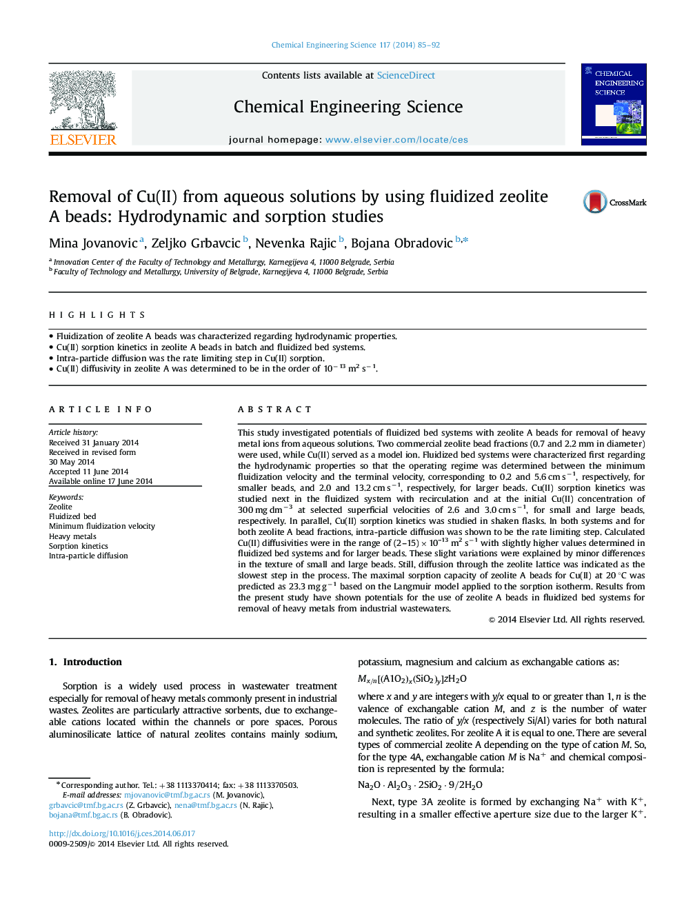 Removal of Cu(II) from aqueous solutions by using fluidized zeolite A beads: Hydrodynamic and sorption studies