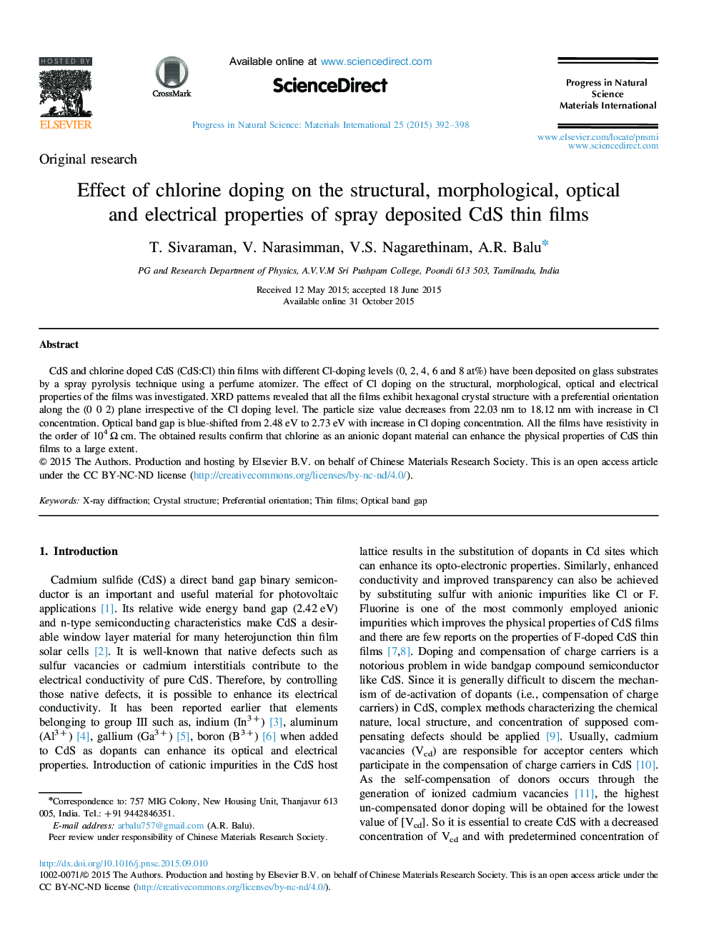 Effect of chlorine doping on the structural, morphological, optical and electrical properties of spray deposited CdS thin films