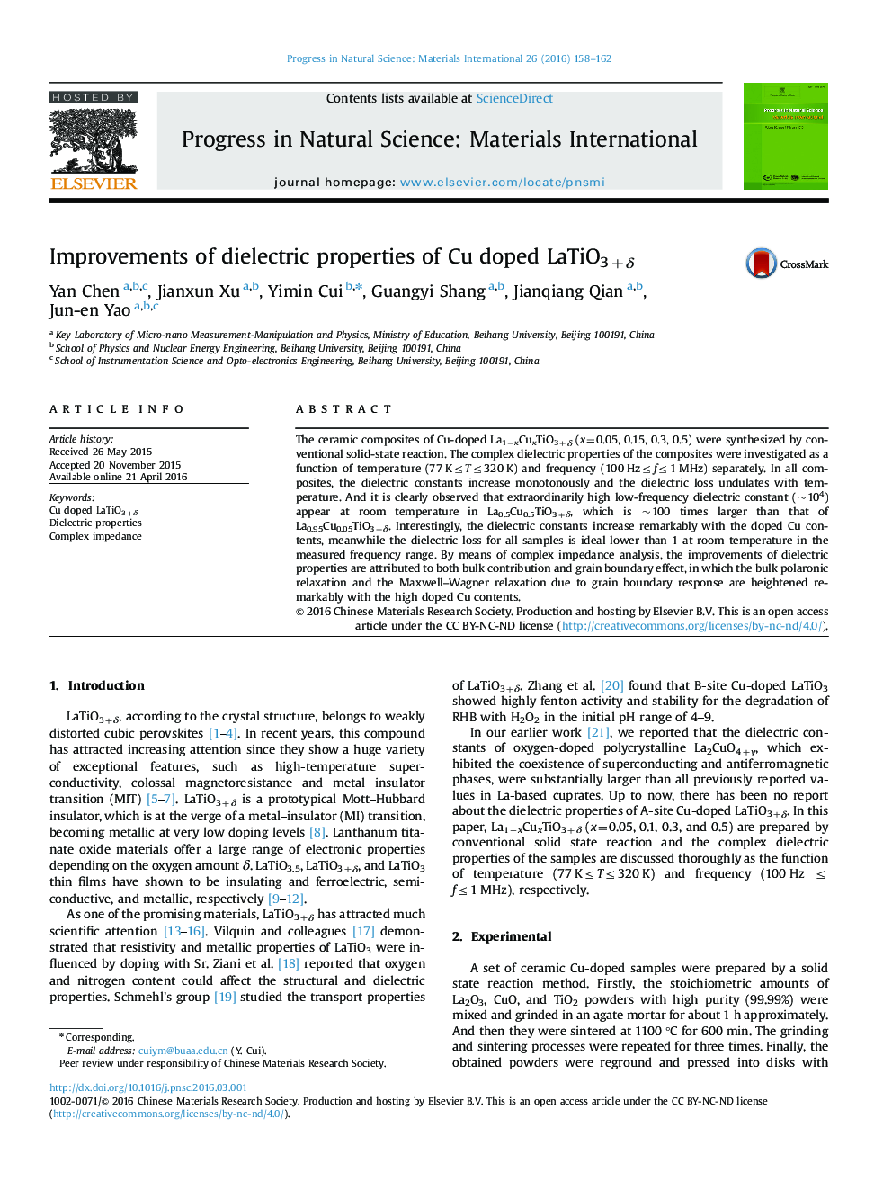 Improvements of dielectric properties of Cu doped LaTiO3+δ