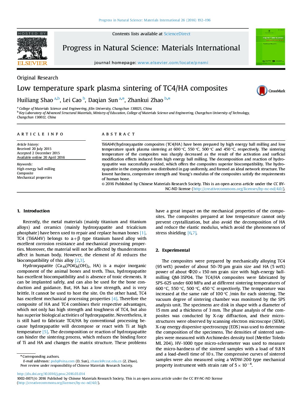 Low temperature spark plasma sintering of TC4/HA composites 