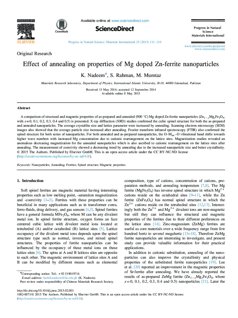 Effect of annealing on properties of Mg doped Zn-ferrite nanoparticles