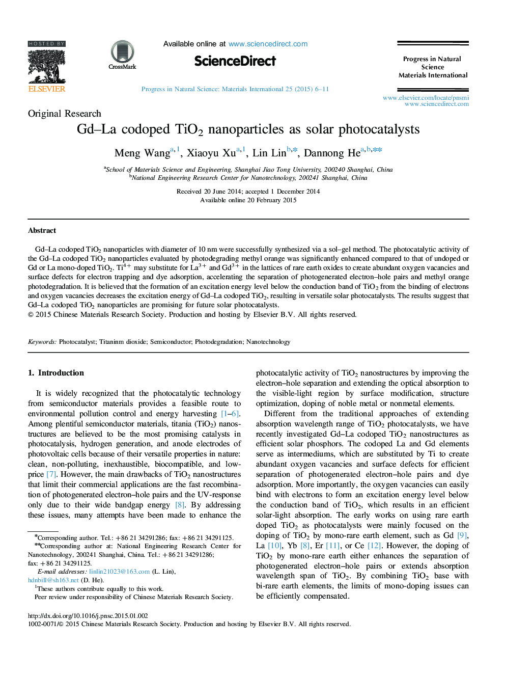 Gd–La codoped TiO2 nanoparticles as solar photocatalysts 