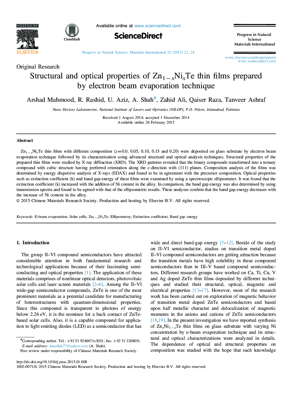 Structural and optical properties of Zn1−xNixTe thin films prepared by electron beam evaporation technique 