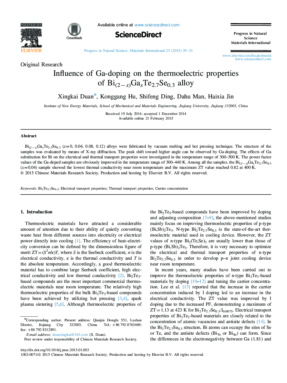 Influence of Ga-doping on the thermoelectric properties of Bi(2−x)GaxTe2.7Se0.3 alloy 