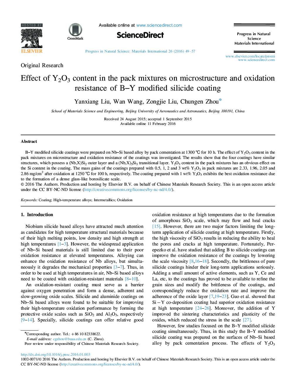 Effect of Y2O3 content in the pack mixtures on microstructure and oxidation resistance of B–Y modified silicide coating 