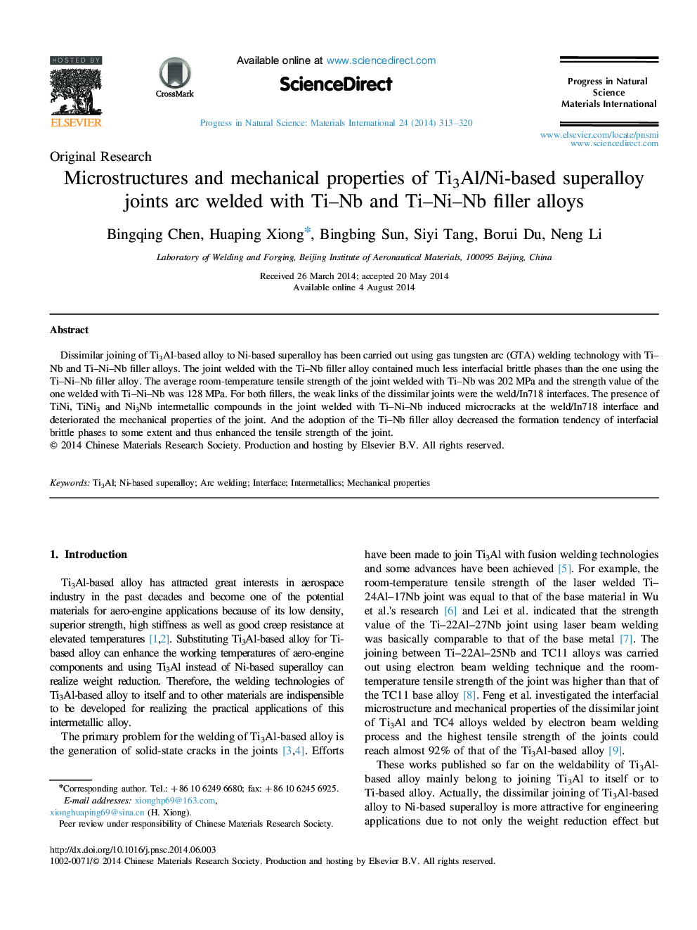 Microstructures and mechanical properties of Ti3Al/Ni-based superalloy joints arc welded with Ti–Nb and Ti–Ni–Nb filler alloys 