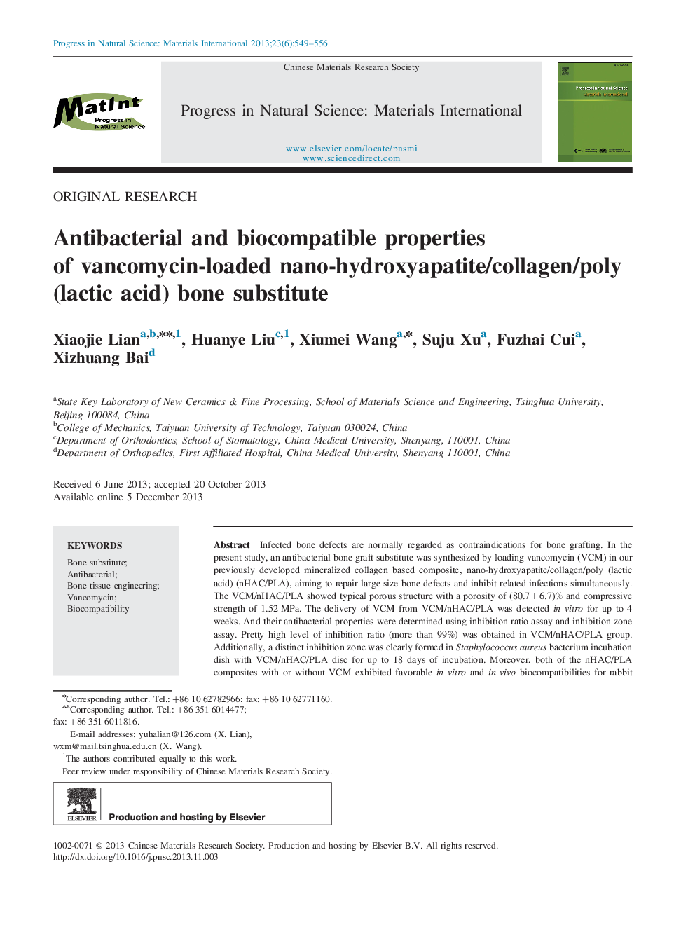 Antibacterial and biocompatible properties of vancomycin-loaded nano-hydroxyapatite/collagen/poly (lactic acid) bone substitute