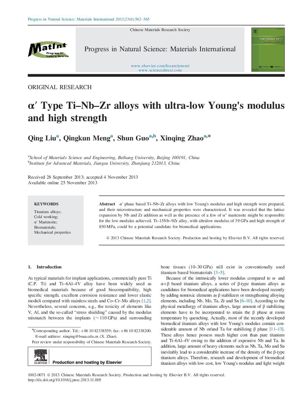 Î±â² Type Ti-Nb-Zr alloys with ultra-low Young's modulus and high strength