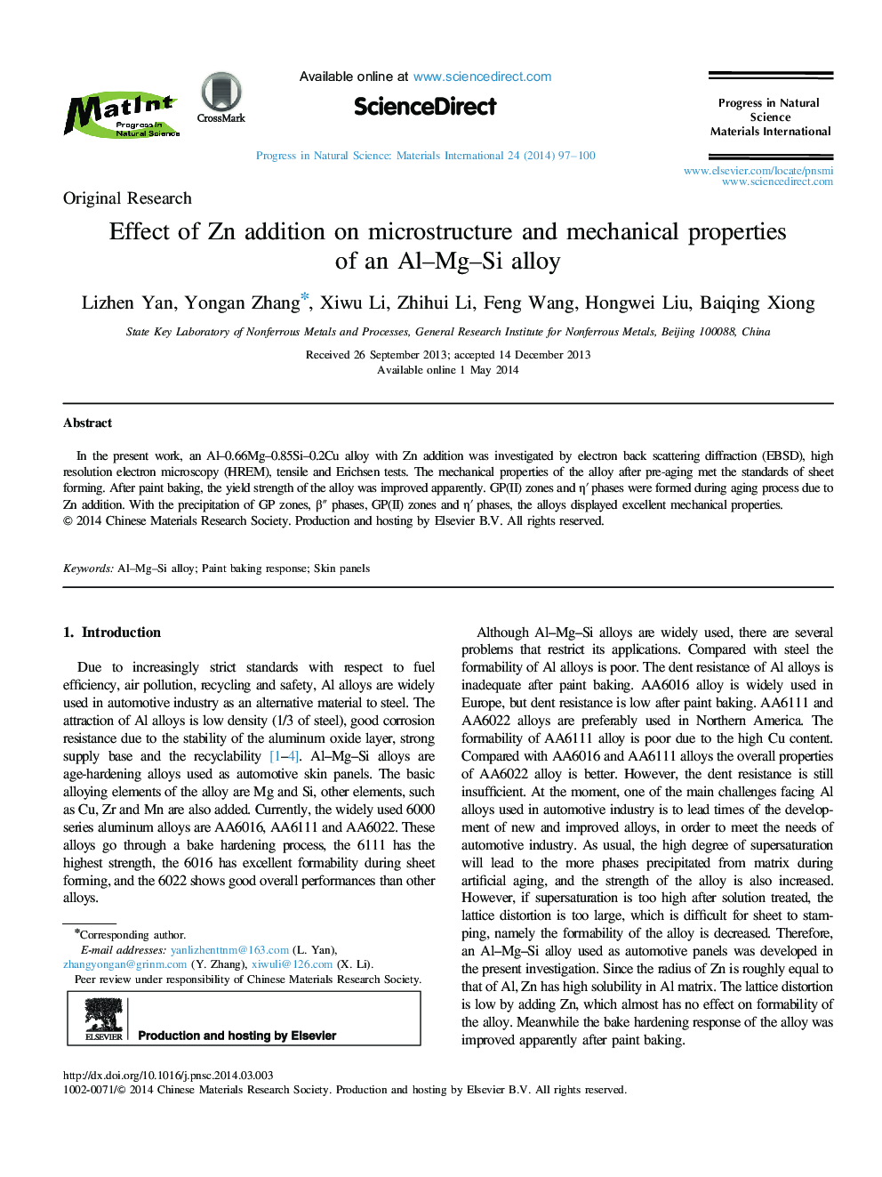 Effect of Zn addition on microstructure and mechanical properties of an Al–Mg–Si alloy 