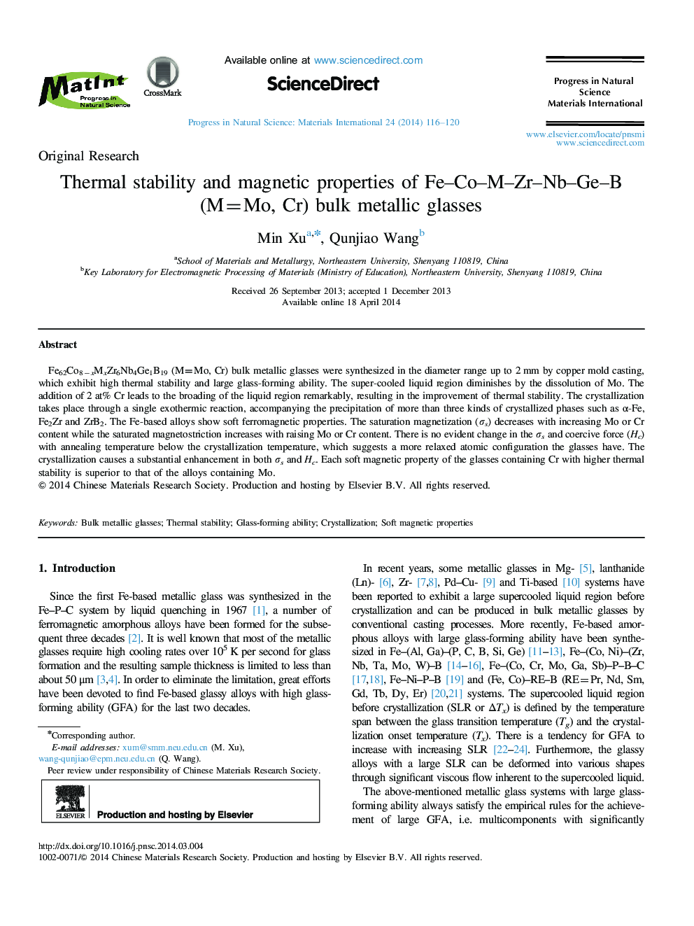 Thermal stability and magnetic properties of Fe–Co–M–Zr–Nb–Ge–B (M=Mo, Cr) bulk metallic glasses 