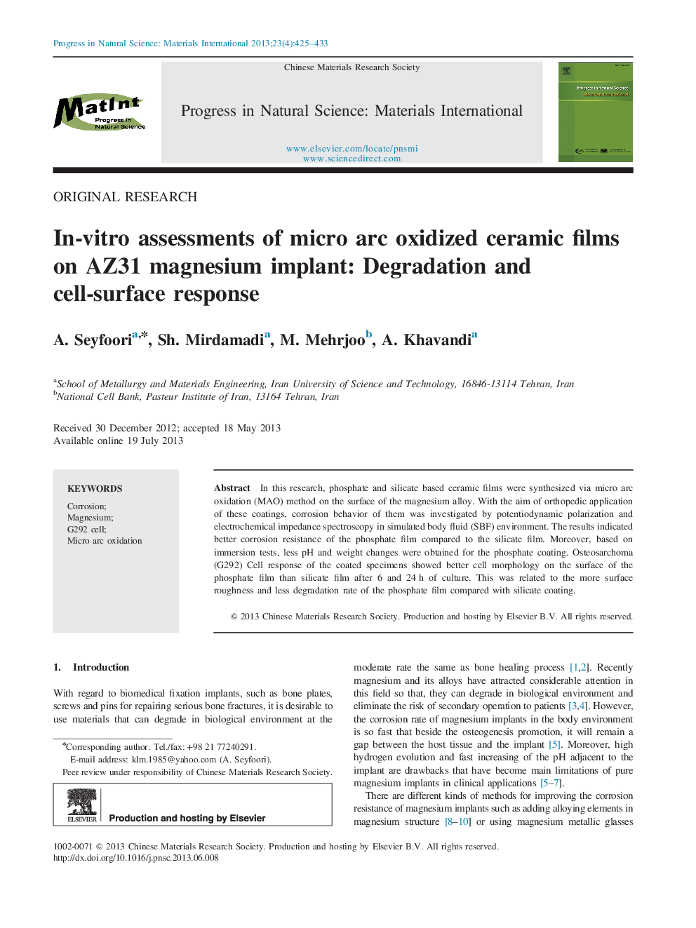 In-vitro assessments of micro arc oxidized ceramic films on AZ31 magnesium implant: Degradation and cell-surface response