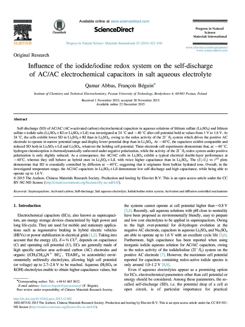 Influence of the iodide/iodine redox system on the self-discharge of AC/AC electrochemical capacitors in salt aqueous electrolyte 