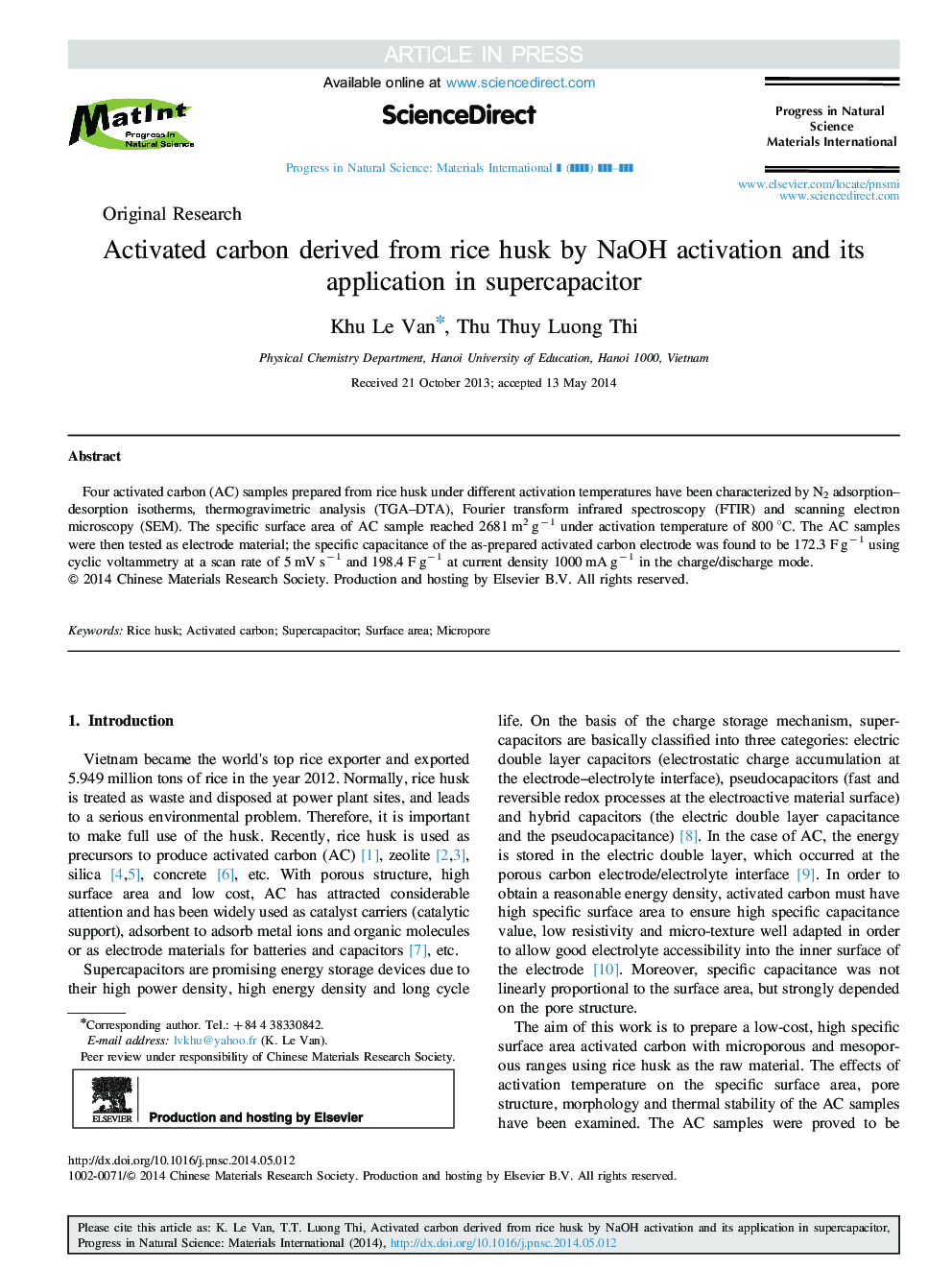 Activated carbon derived from rice husk by NaOH activation and its application in supercapacitor