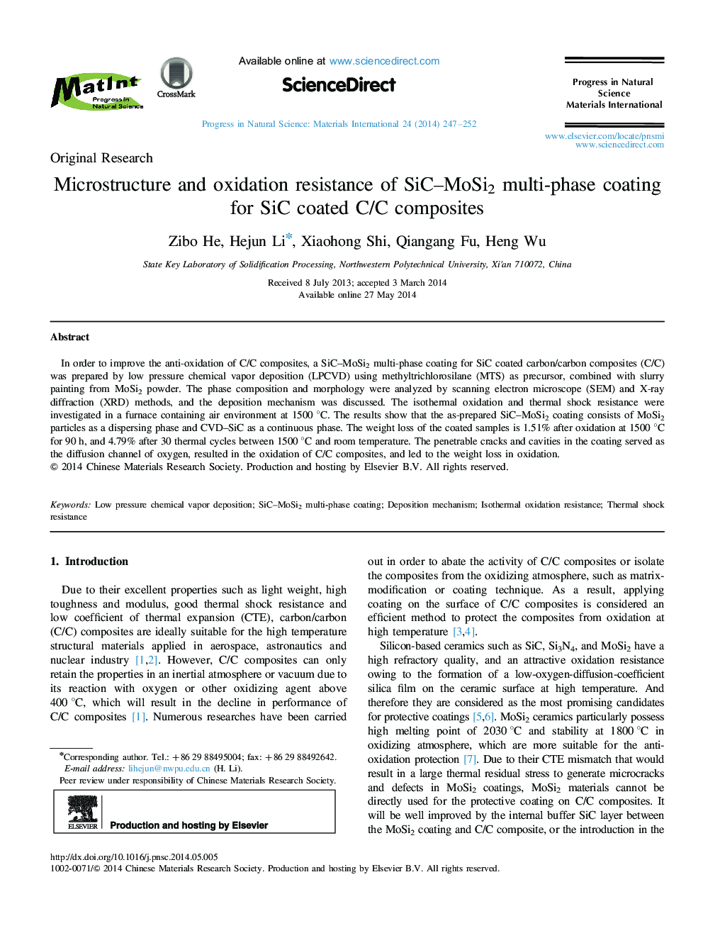 Microstructure and oxidation resistance of SiC–MoSi2 multi-phase coating for SiC coated C/C composites 