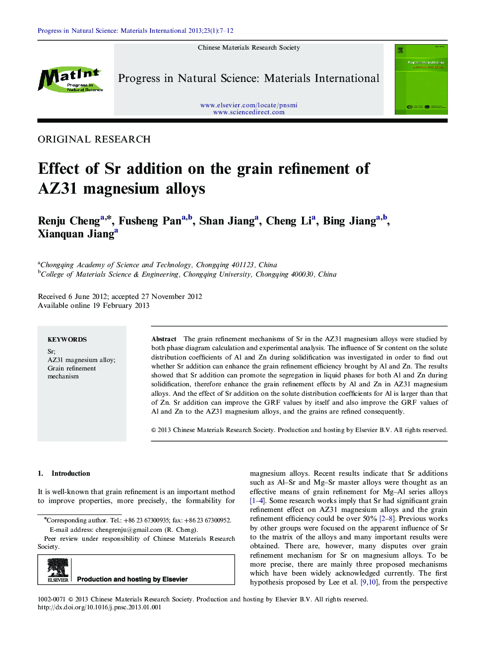 Effect of Sr addition on the grain refinement of AZ31 magnesium alloys 