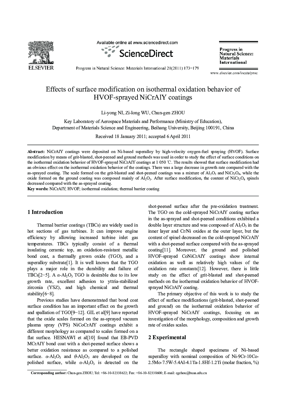 Effects of surface modification on isothermal oxidation behavior of HVOF-sprayed NiCrAlY coatings