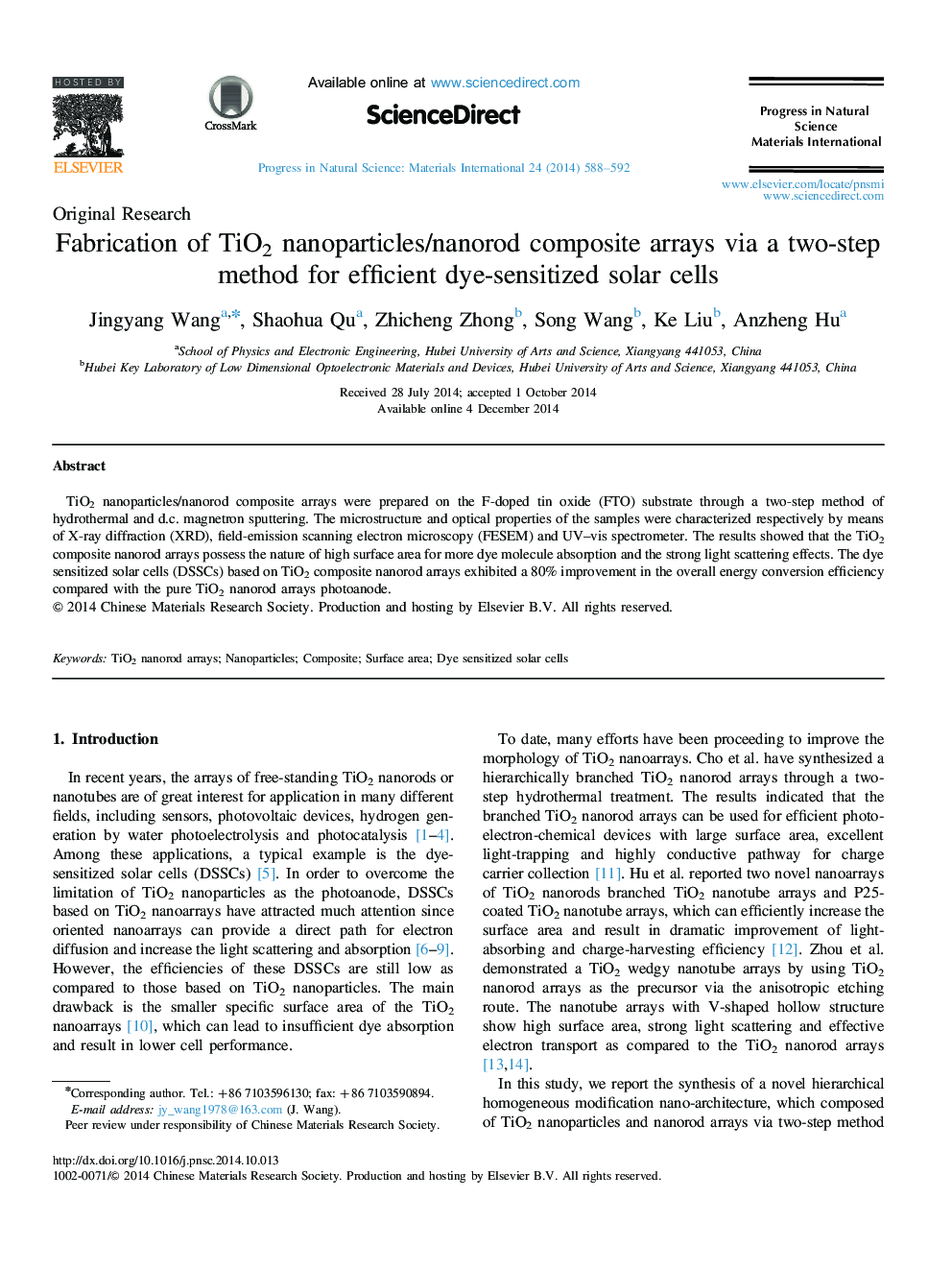 عکس صفحه اول مقاله: Fabrication of TiO2 nanoparticles/nanorod composite arrays via a two-step method for efficient dye-sensitized solar cells Fabrication of TiO2 nanoparticles/nanorod composite arrays via a two-step method for efficient dye-sensitized solar cells