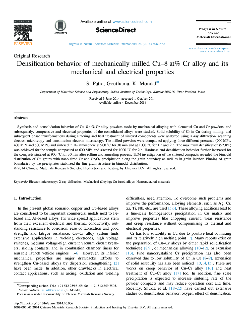 Densification behavior of mechanically milled Cu-8Â at% Cr alloy and its mechanical and electrical properties