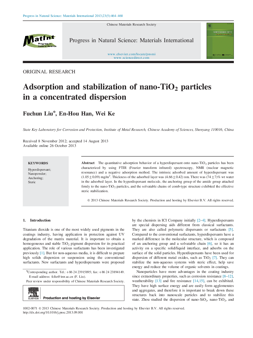 Adsorption and stabilization of nano-TiO2 particles in a concentrated dispersion 