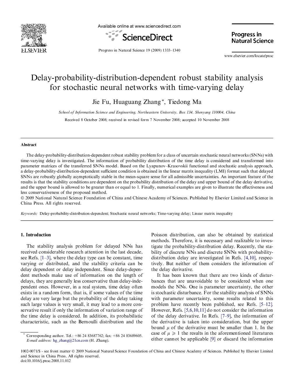 Delay-probability-distribution-dependent robust stability analysis for stochastic neural networks with time-varying delay