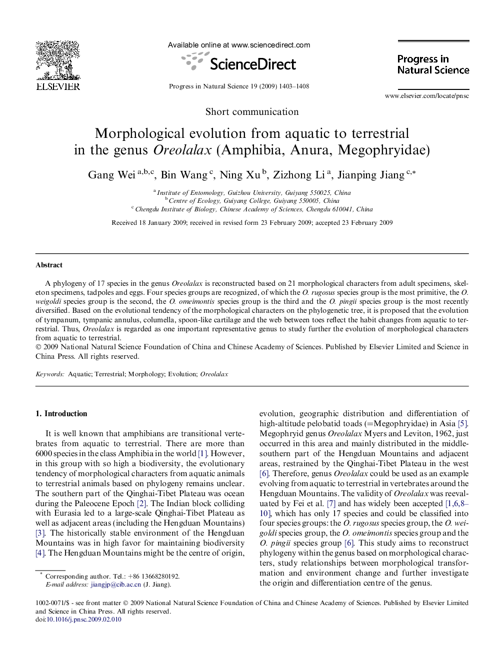 Morphological evolution from aquatic to terrestrial in the genus Oreolalax (Amphibia, Anura, Megophryidae)