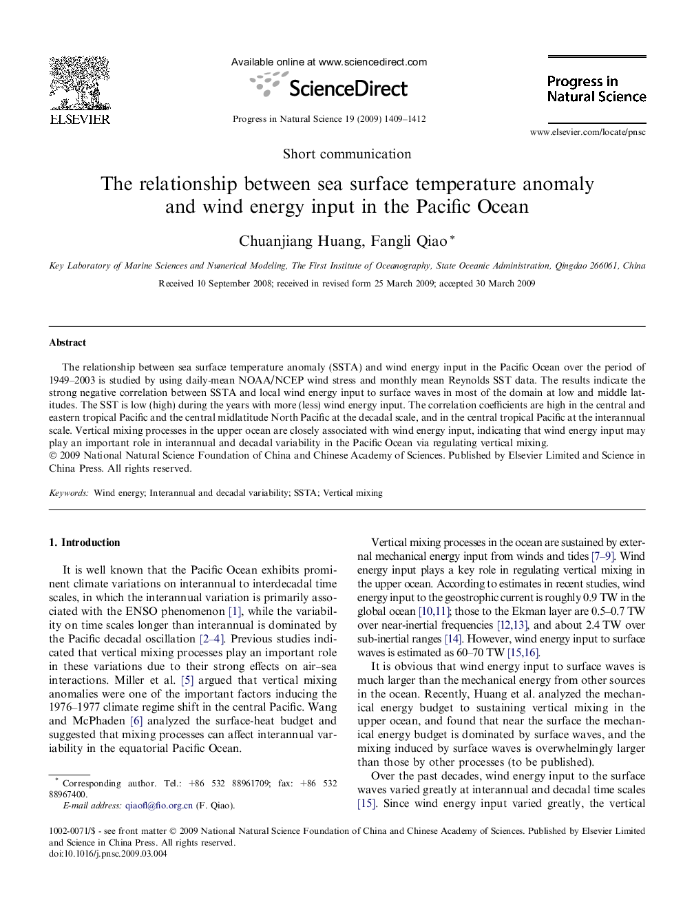 The relationship between sea surface temperature anomaly and wind energy input in the Pacific Ocean