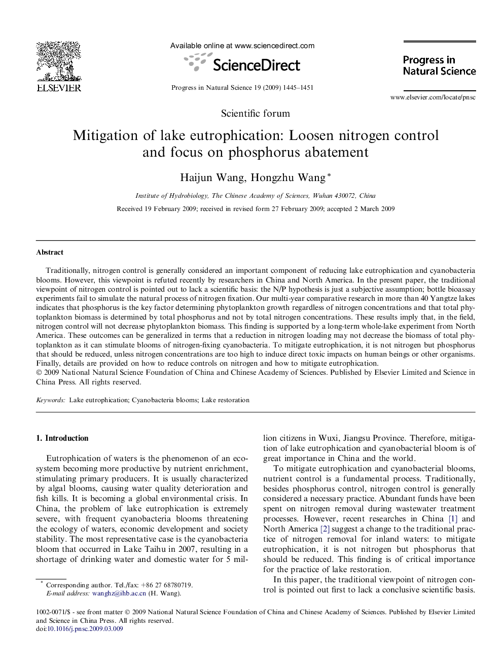 Mitigation of lake eutrophication: Loosen nitrogen control and focus on phosphorus abatement