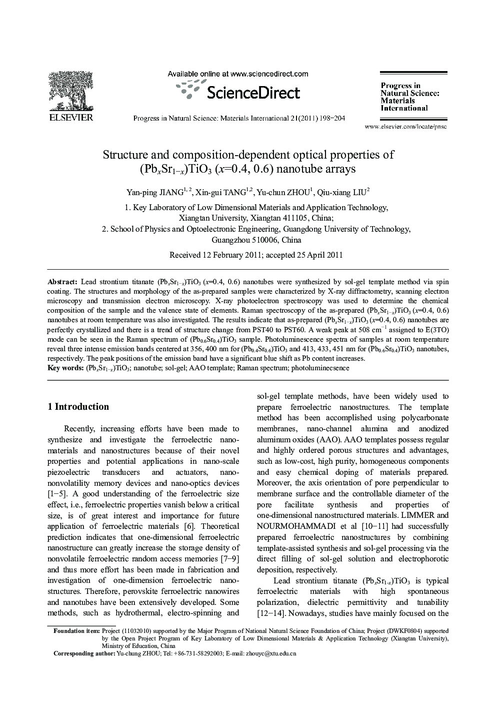 Structure and composition-dependent optical properties of (PbxSr1–x)TiO3 (x=0.4, 0.6) nanotube arrays 