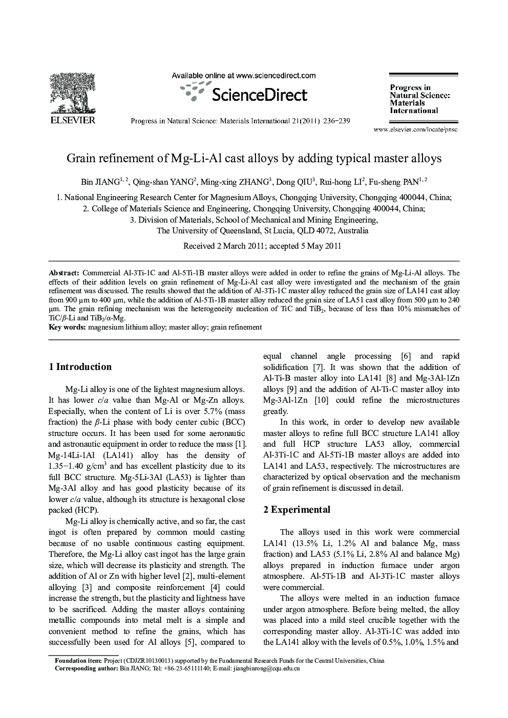 Grain refinement of Mg-Li-Al cast alloys by adding typical master alloys 