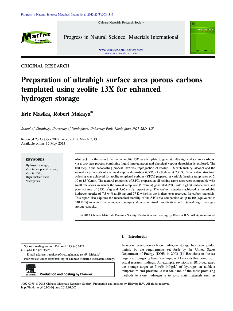 Preparation of ultrahigh surface area porous carbons templated using zeolite 13X for enhanced hydrogen storage 