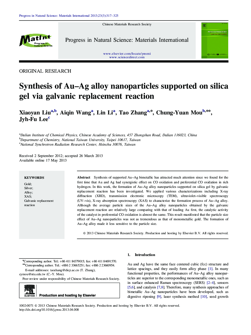 Synthesis of Au–Ag alloy nanoparticles supported on silica gel via galvanic replacement reaction 