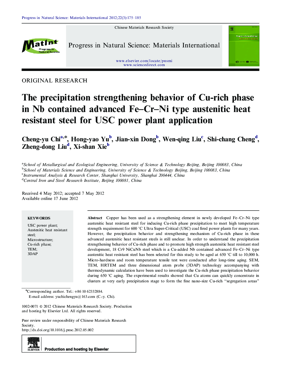 The precipitation strengthening behavior of Cu-rich phase in Nb contained advanced Fe–Cr–Ni type austenitic heat resistant steel for USC power plant application