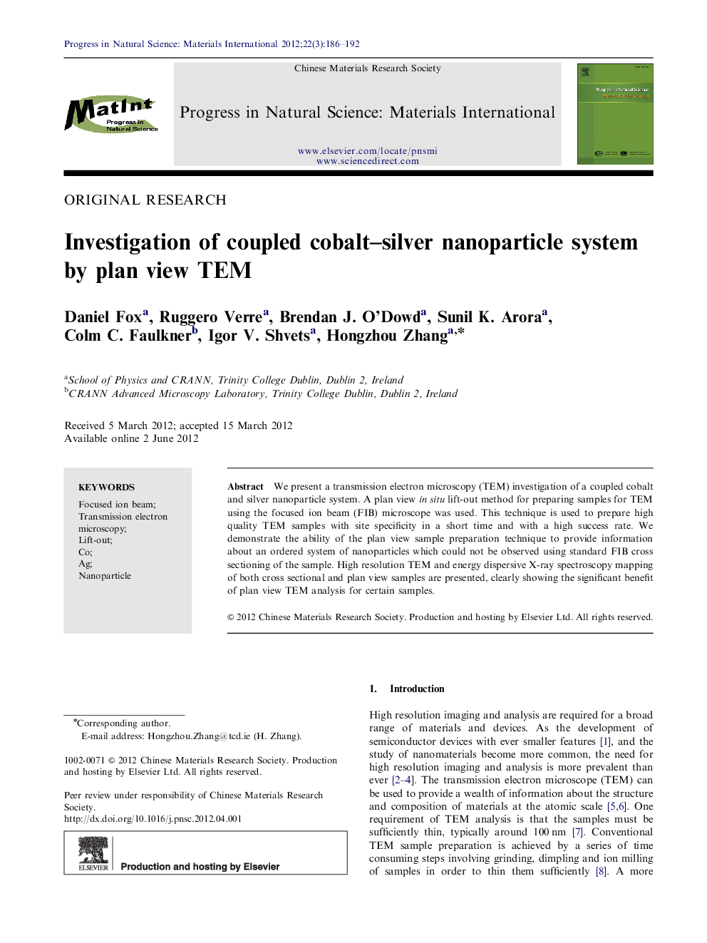 Investigation of coupled cobalt–silver nanoparticle system by plan view TEM