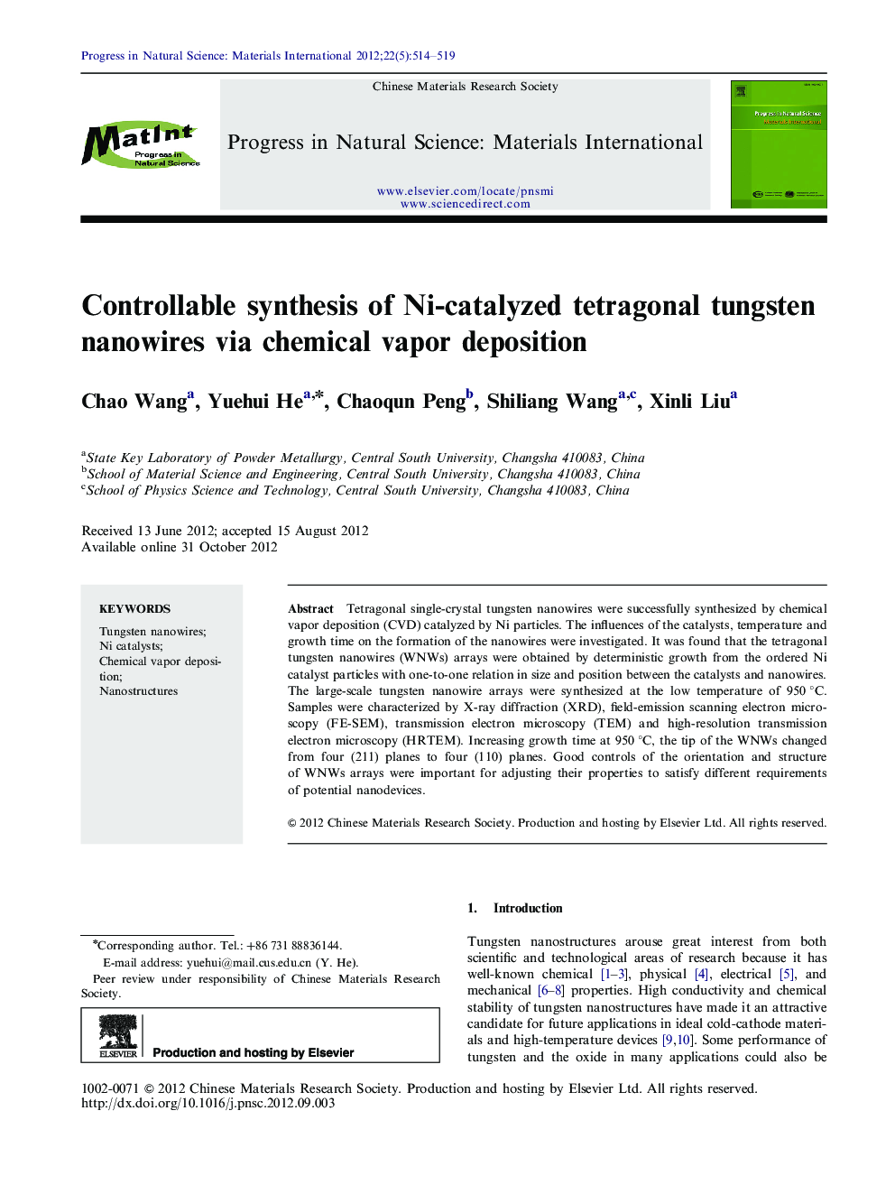 Controllable synthesis of Ni-catalyzed tetragonal tungsten nanowires via chemical vapor deposition 