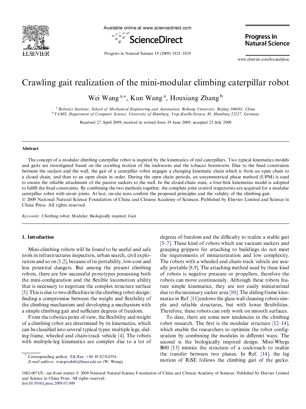 Crawling gait realization of the mini-modular climbing caterpillar robot