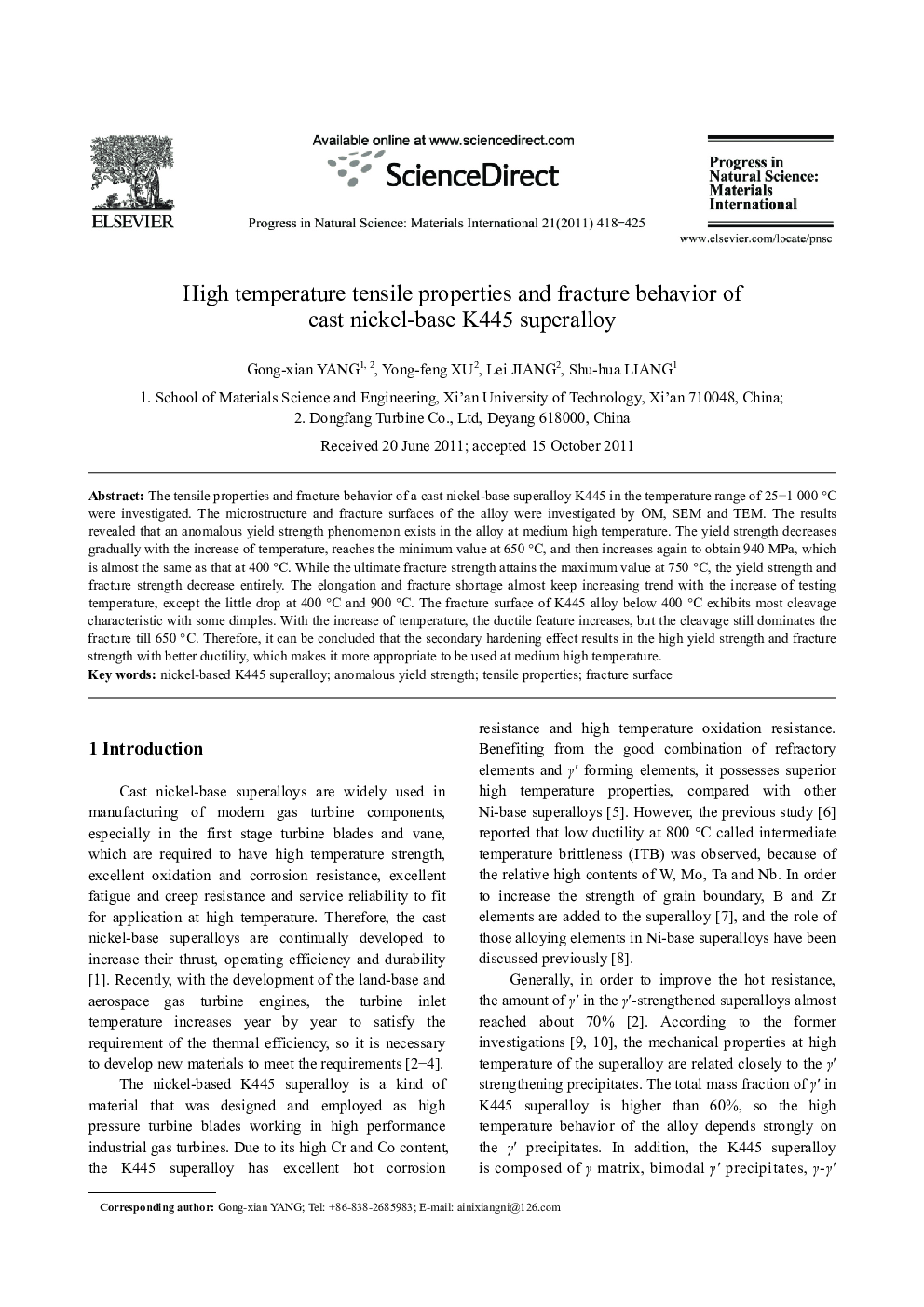 High temperature tensile properties and fracture behavior of cast nickel-base K445 superalloy