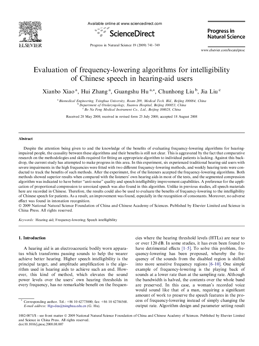 Evaluation of frequency-lowering algorithms for intelligibility of Chinese speech in hearing-aid users