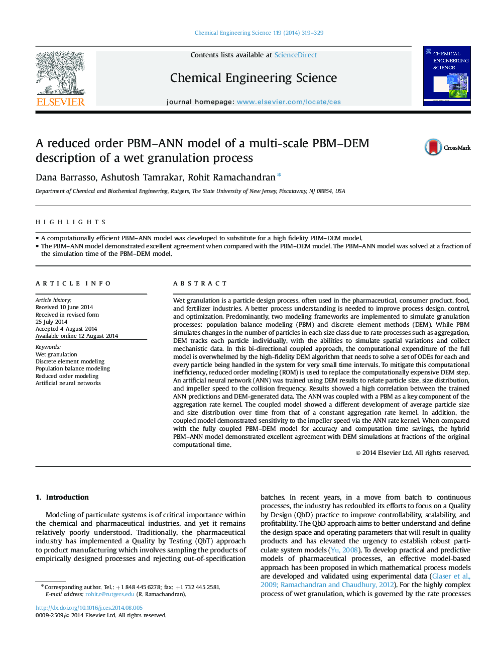 A reduced order PBM–ANN model of a multi-scale PBM–DEM description of a wet granulation process