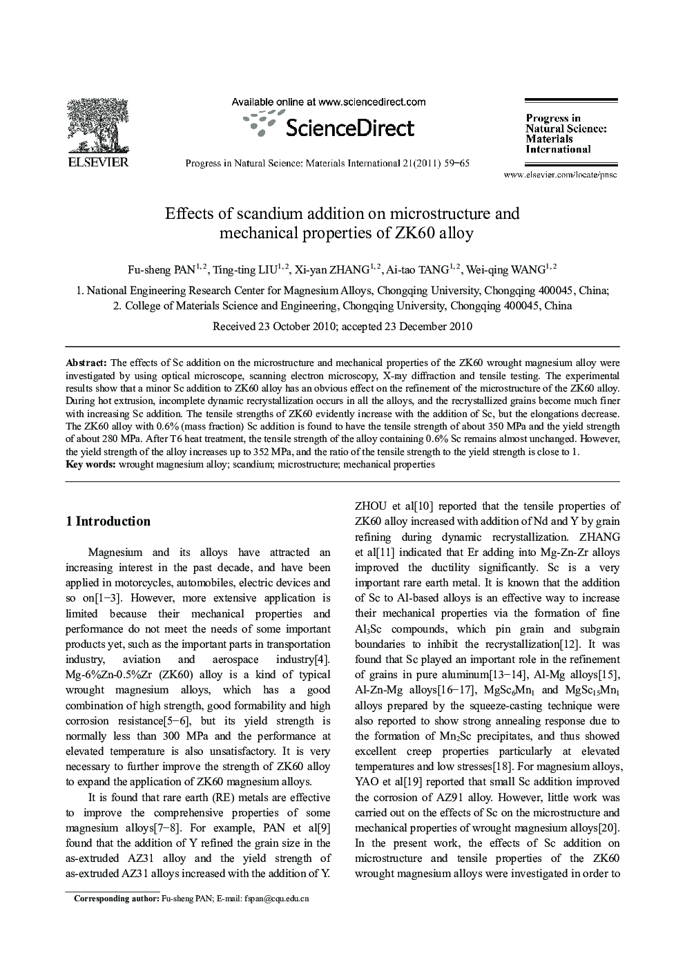 Effects of scandium addition on microstructure and mechanical properties of ZK60 alloy