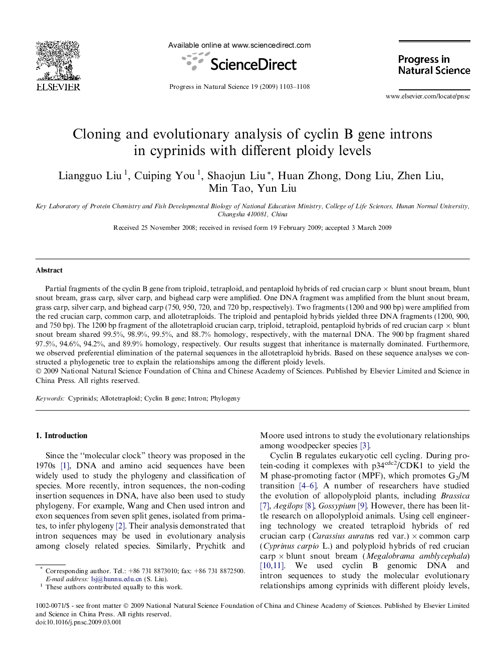 Cloning and evolutionary analysis of cyclin B gene introns in cyprinids with different ploidy levels