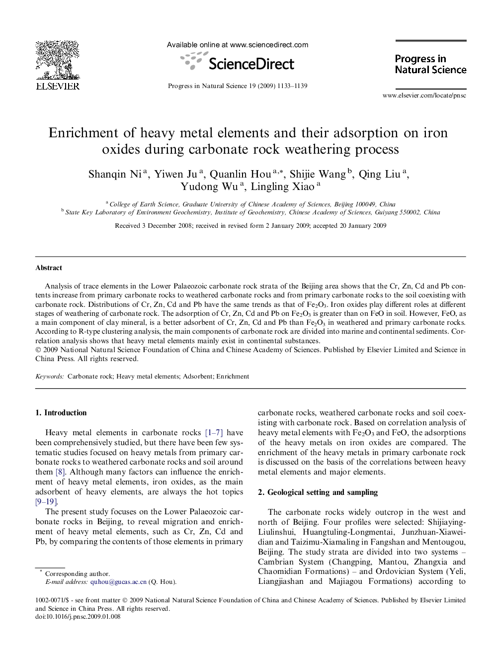 Enrichment of heavy metal elements and their adsorption on iron oxides during carbonate rock weathering process