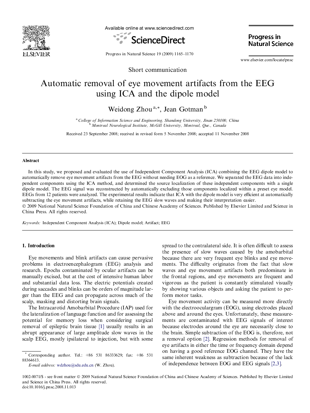 Automatic removal of eye movement artifacts from the EEG using ICA and the dipole model