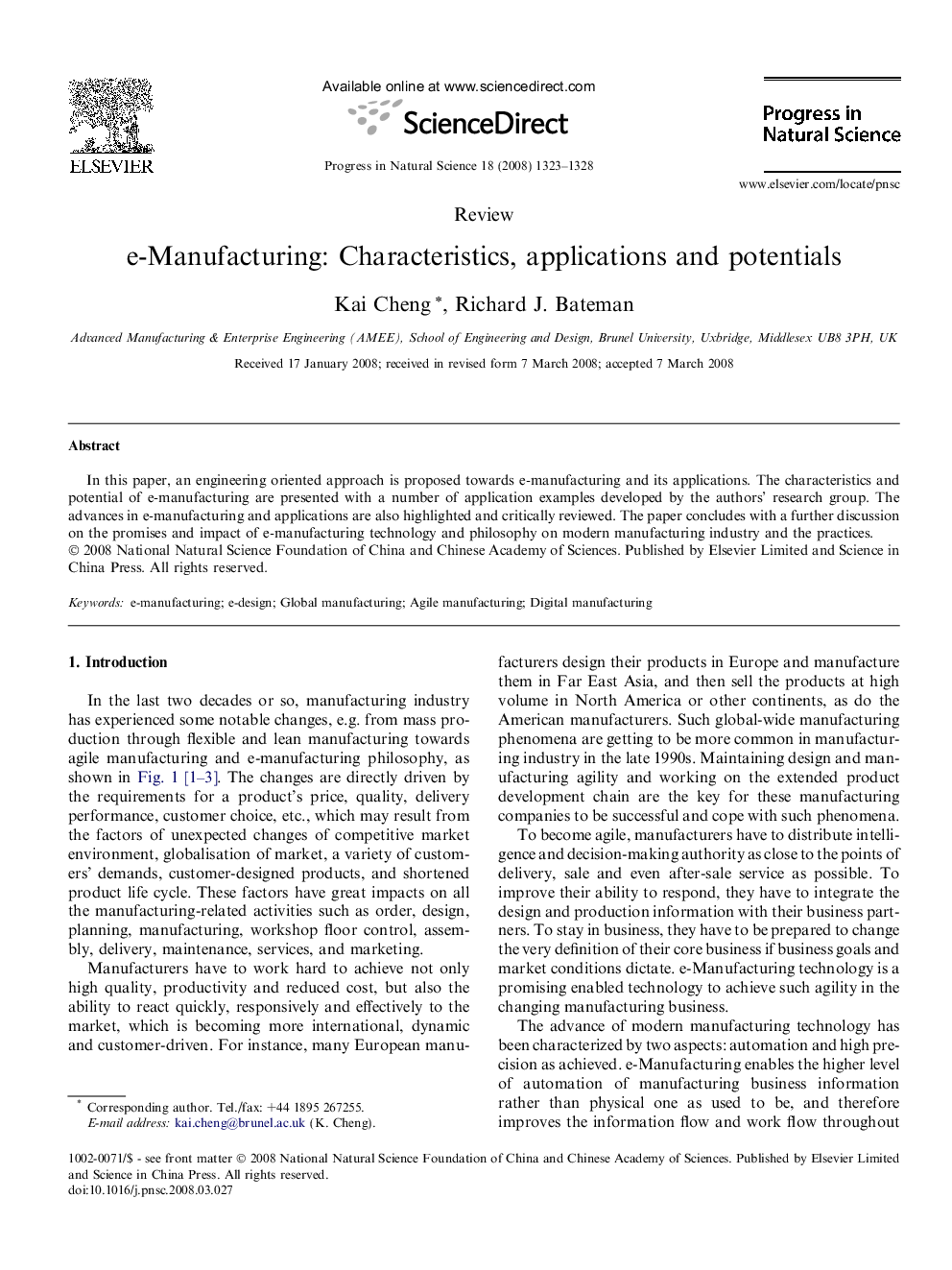 e-Manufacturing: Characteristics, applications and potentials