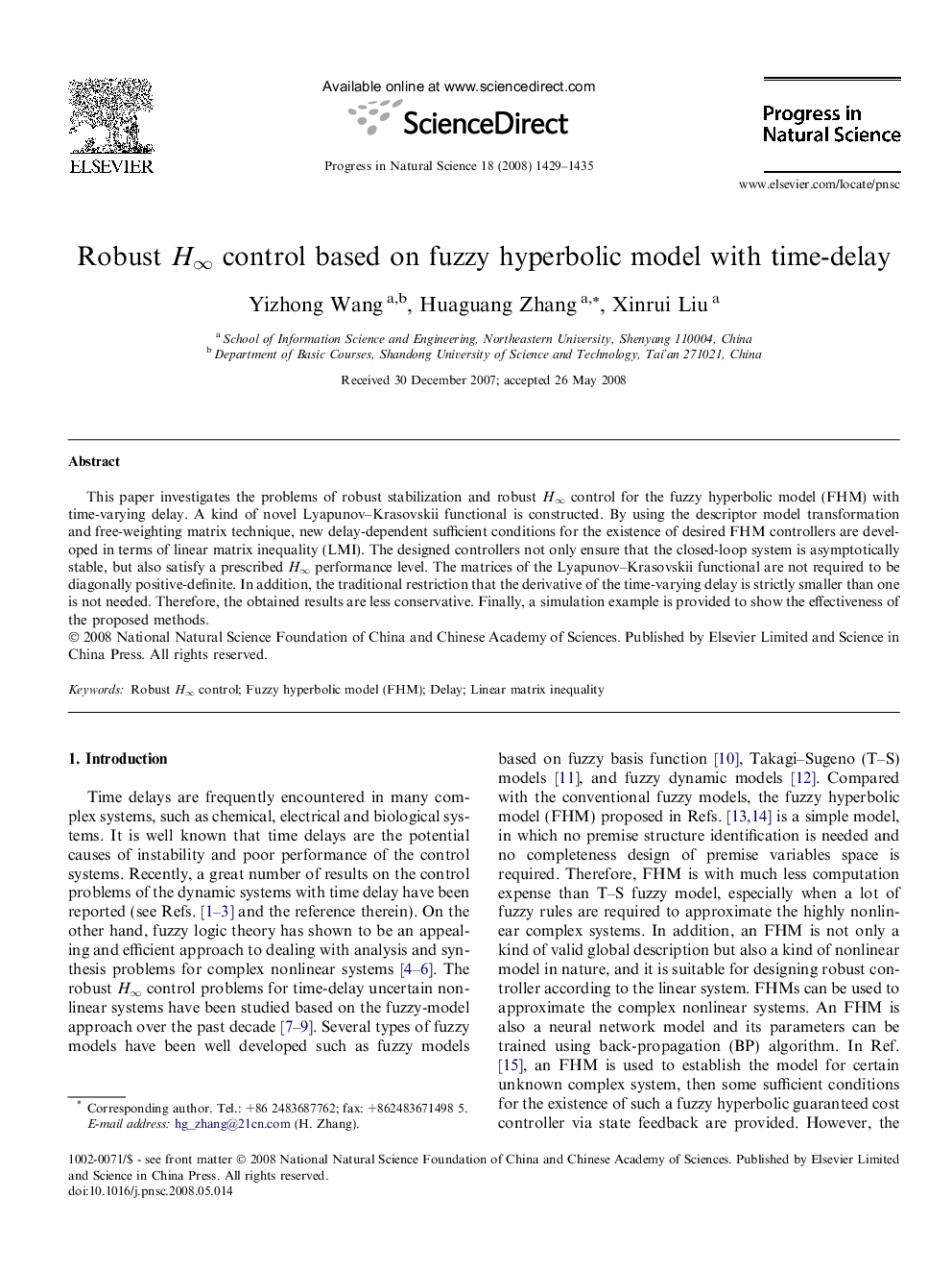 Robust H∞ control based on fuzzy hyperbolic model with time-delay