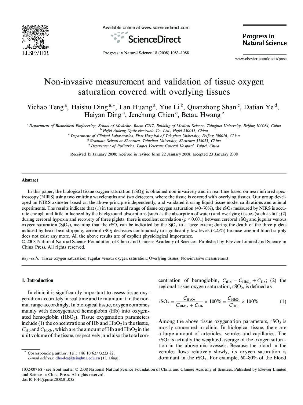 Non-invasive measurement and validation of tissue oxygen saturation covered with overlying tissues