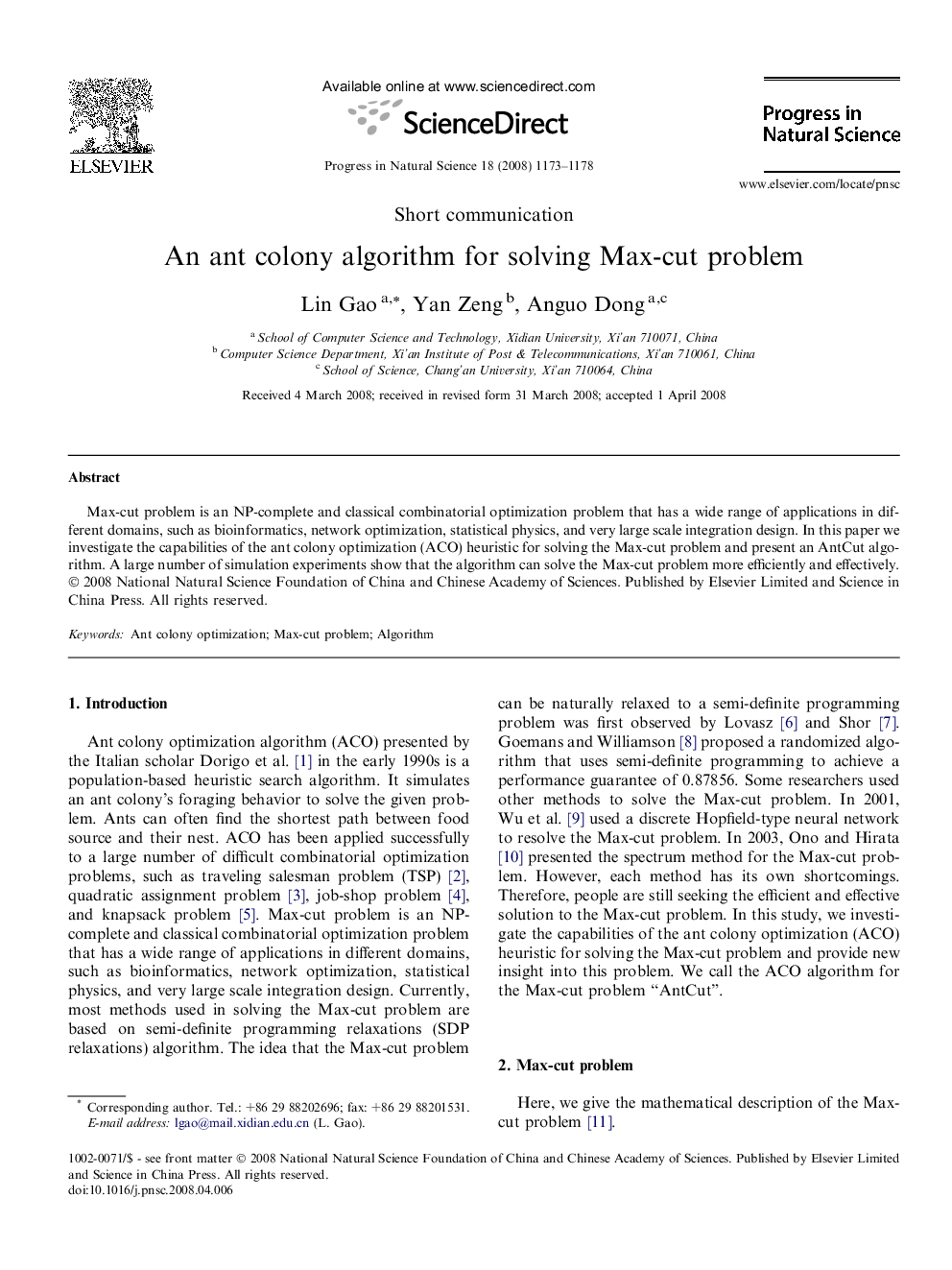 An ant colony algorithm for solving Max-cut problem