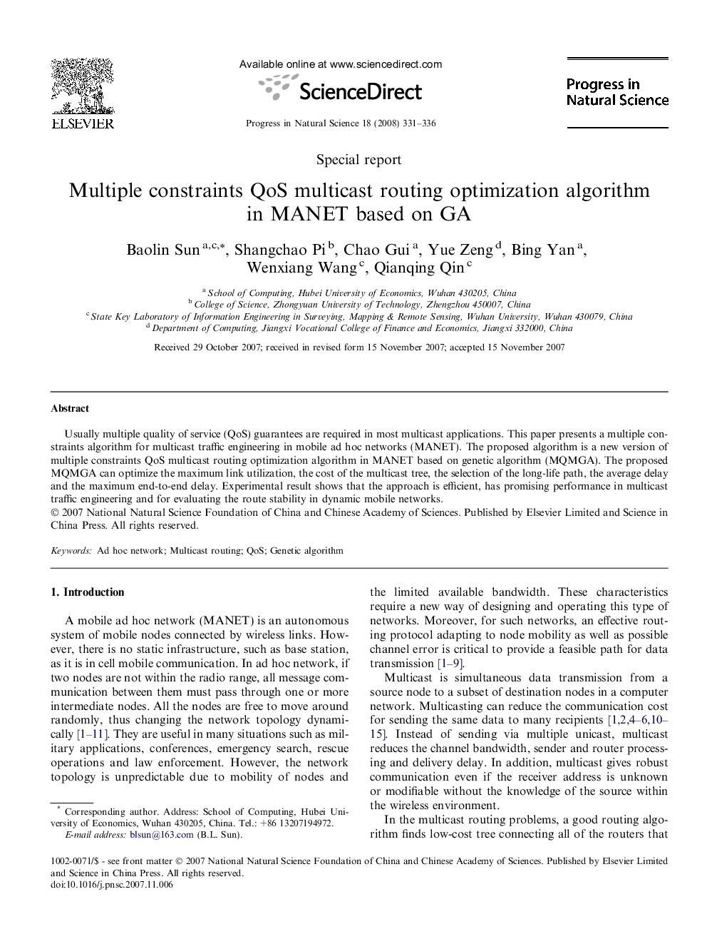 Multiple constraints QoS multicast routing optimization algorithm in MANET based on GA