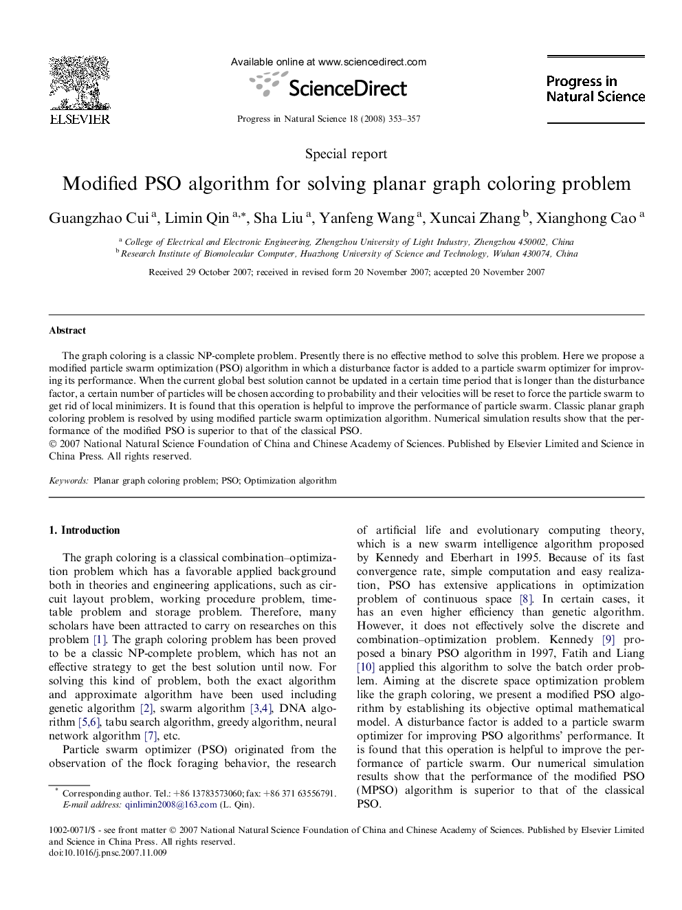 Modified PSO algorithm for solving planar graph coloring problem